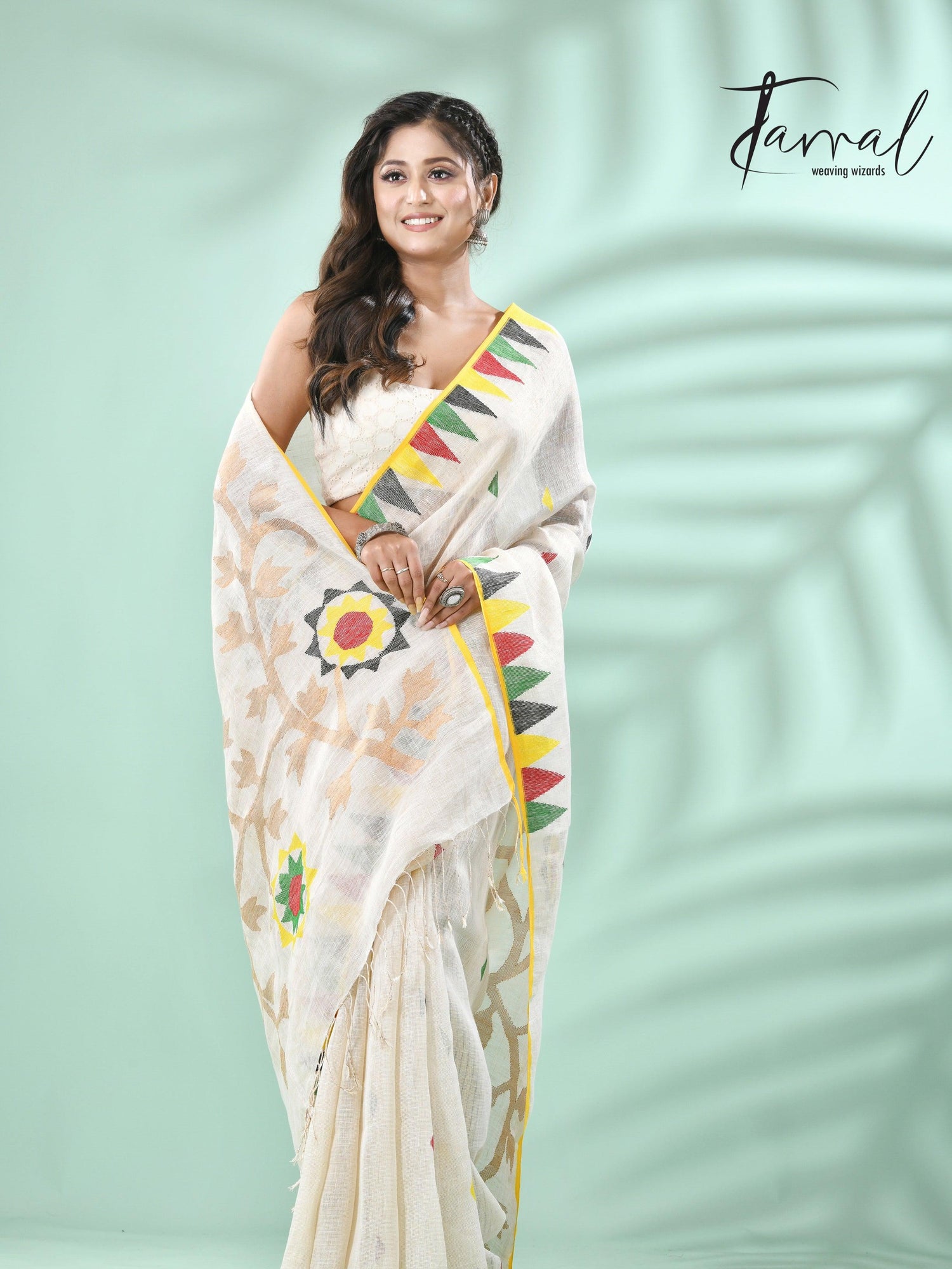 Offwhite with multicolour border pure linen handwoven jamdani saree - Tamal Boutique