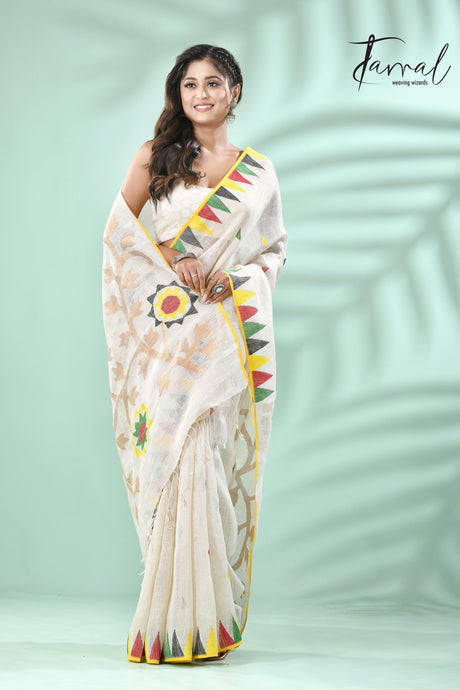 Offwhite with multicolour border pure linen handwoven jamdani saree - Tamal Boutique