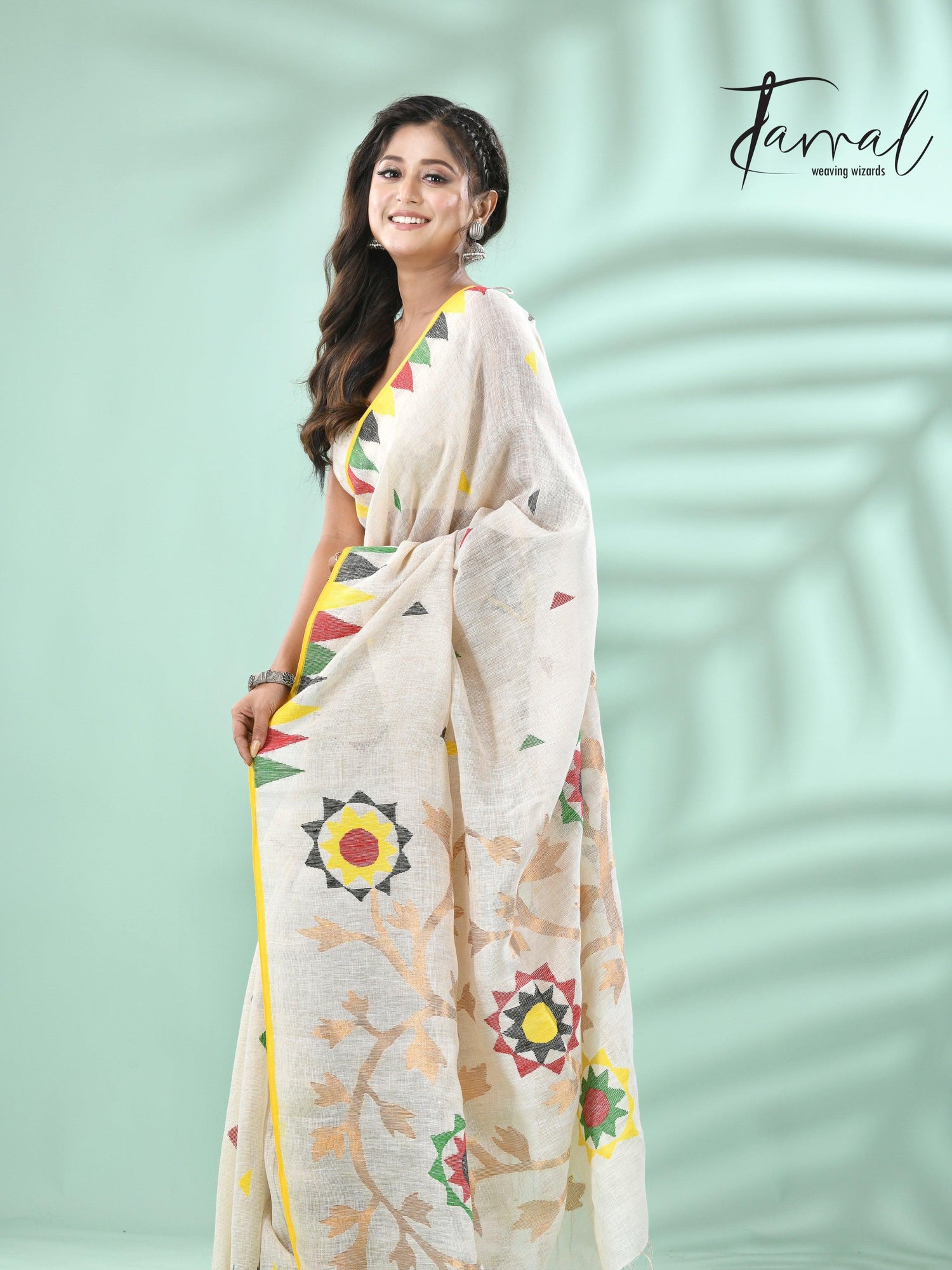 Offwhite with multicolour border pure linen handwoven jamdani saree - Tamal Boutique