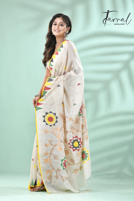 Offwhite with multicolour border pure linen handwoven jamdani saree - Tamal Boutique
