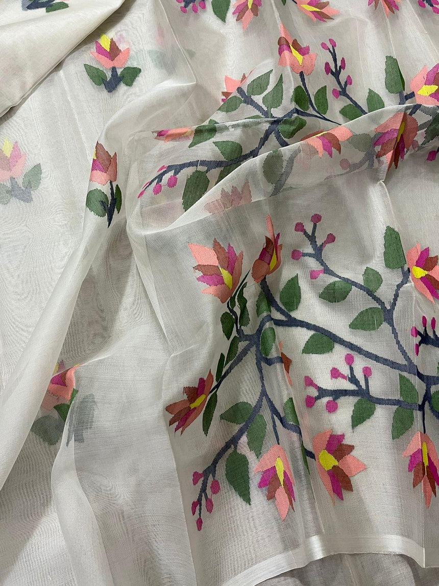 Offwhite with multi colour muslin silk handwoven jamdani saree - Tamal Boutique