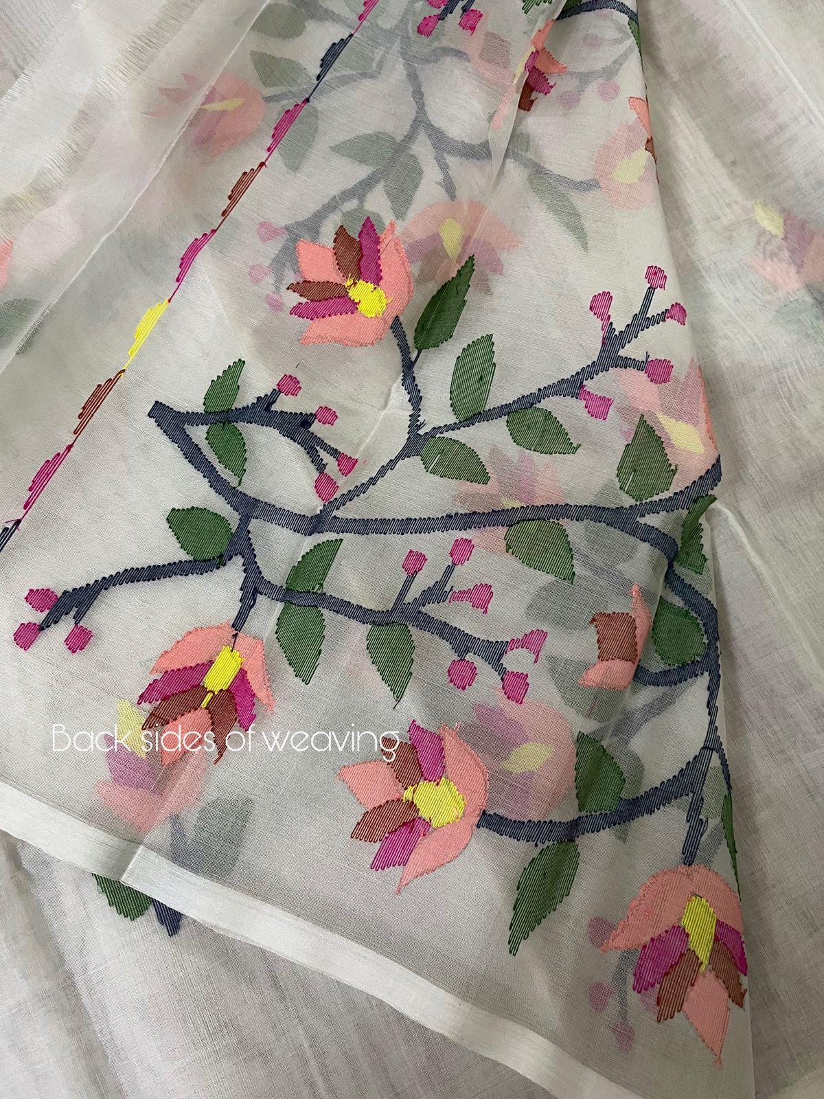 Offwhite with multi colour muslin silk handwoven jamdani saree - Tamal Boutique