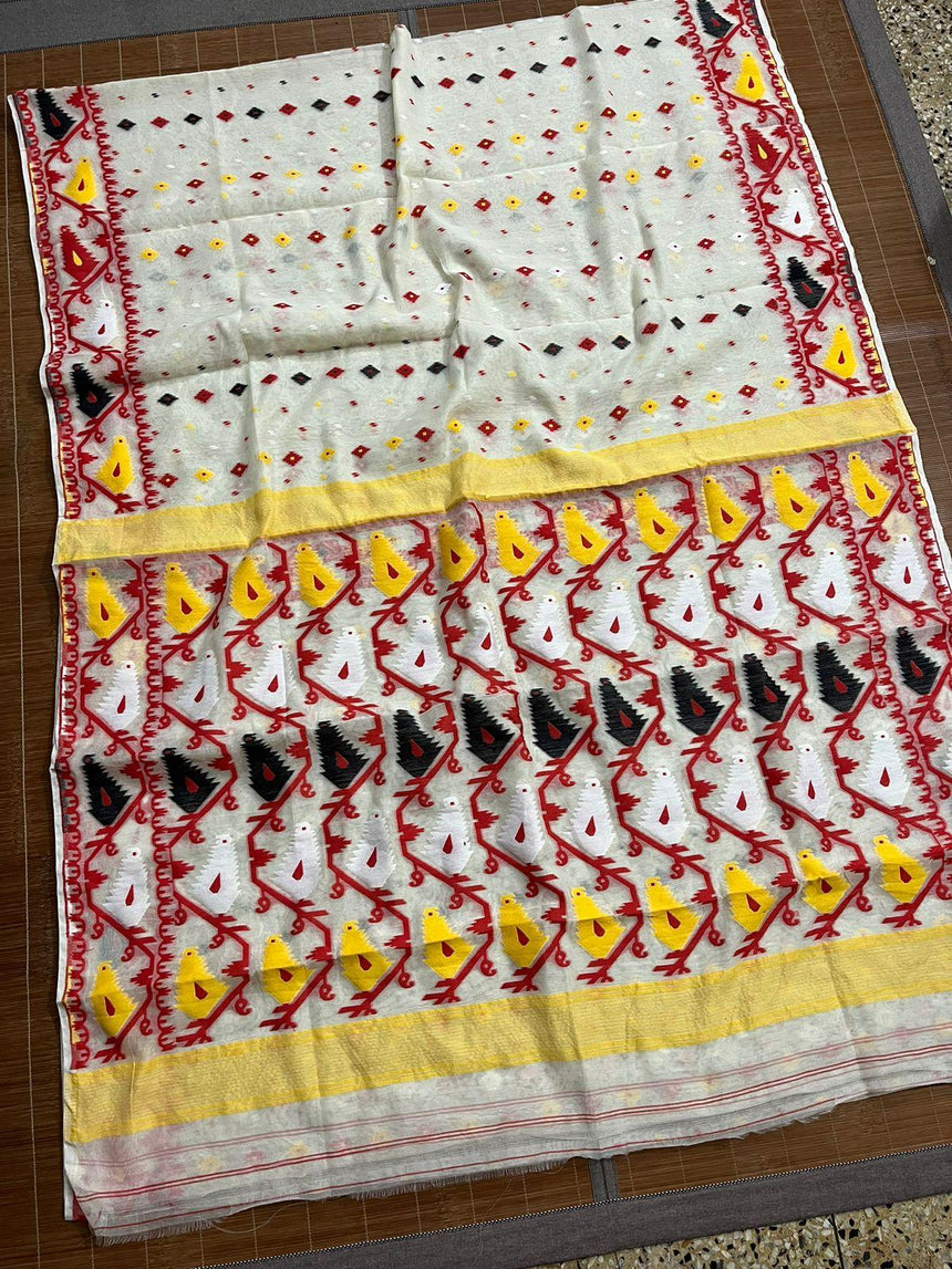 Offwhite with multi colour soft dhakai jamdani handloom saree - Tamal Boutique