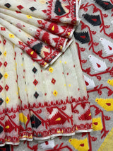 Offwhite with multi colour soft dhakai jamdani handloom saree - Tamal Boutique