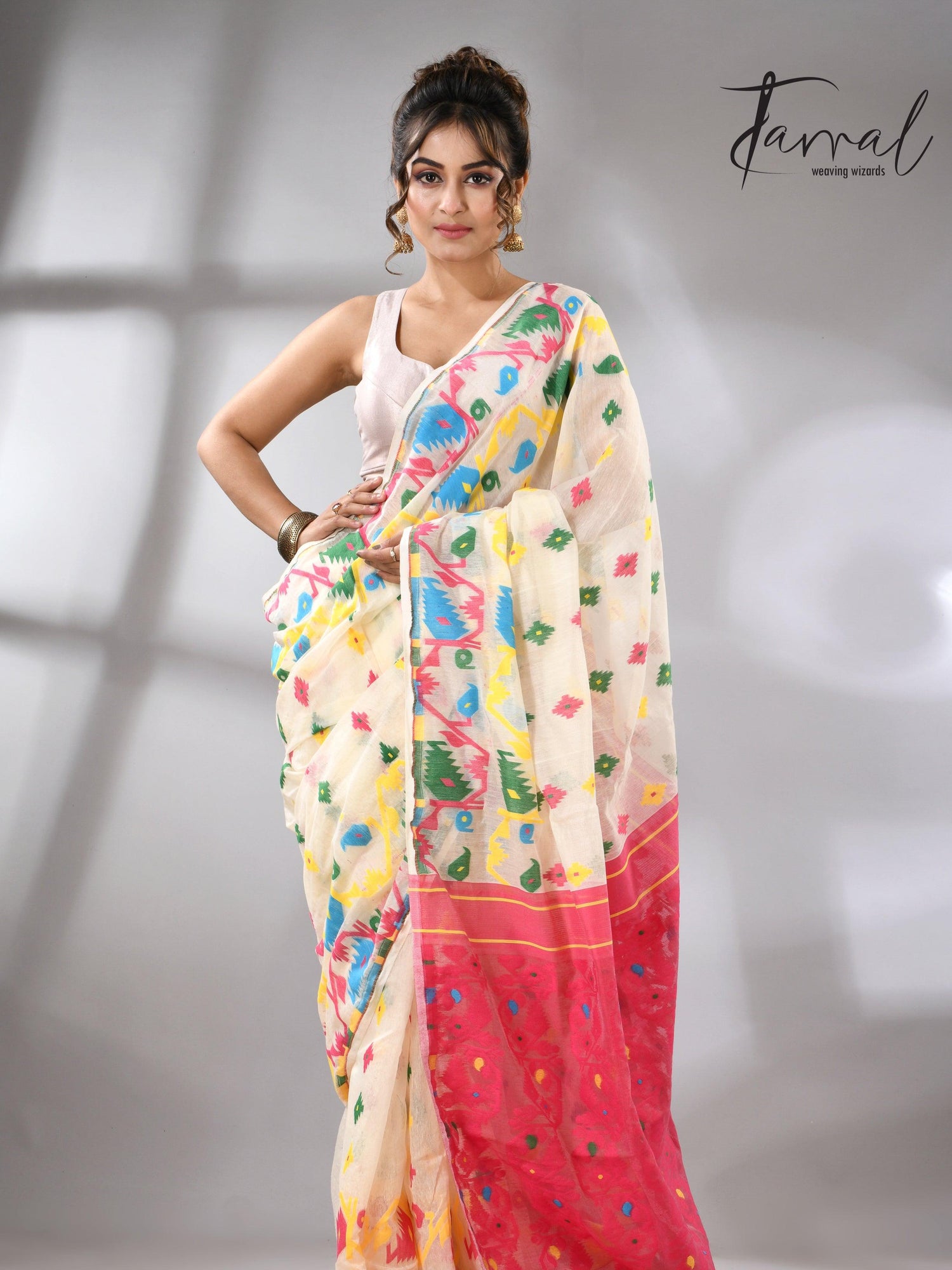 Offwhite with multi colour soft handloom dhakai jamdani saree - Tamal Boutique