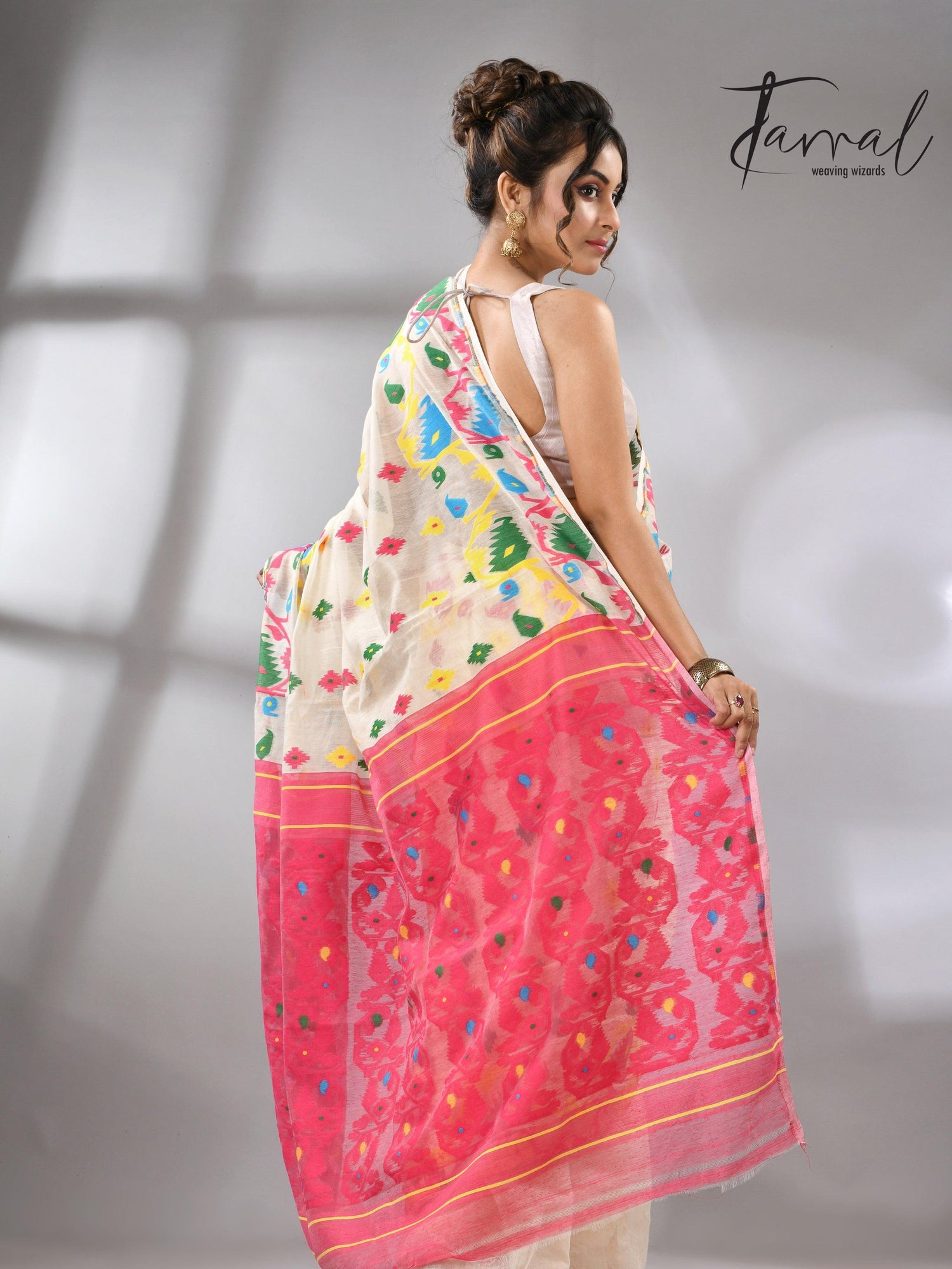 Offwhite with multi colour soft handloom dhakai jamdani saree - Tamal Boutique