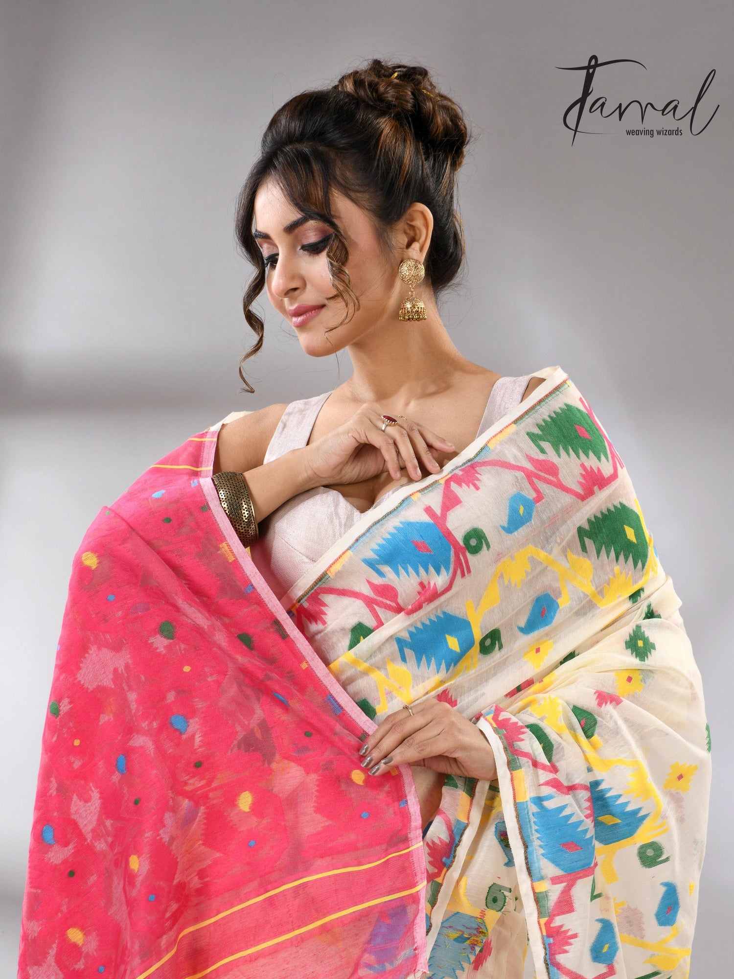 Offwhite with multi colour soft handloom dhakai jamdani saree - Tamal Boutique