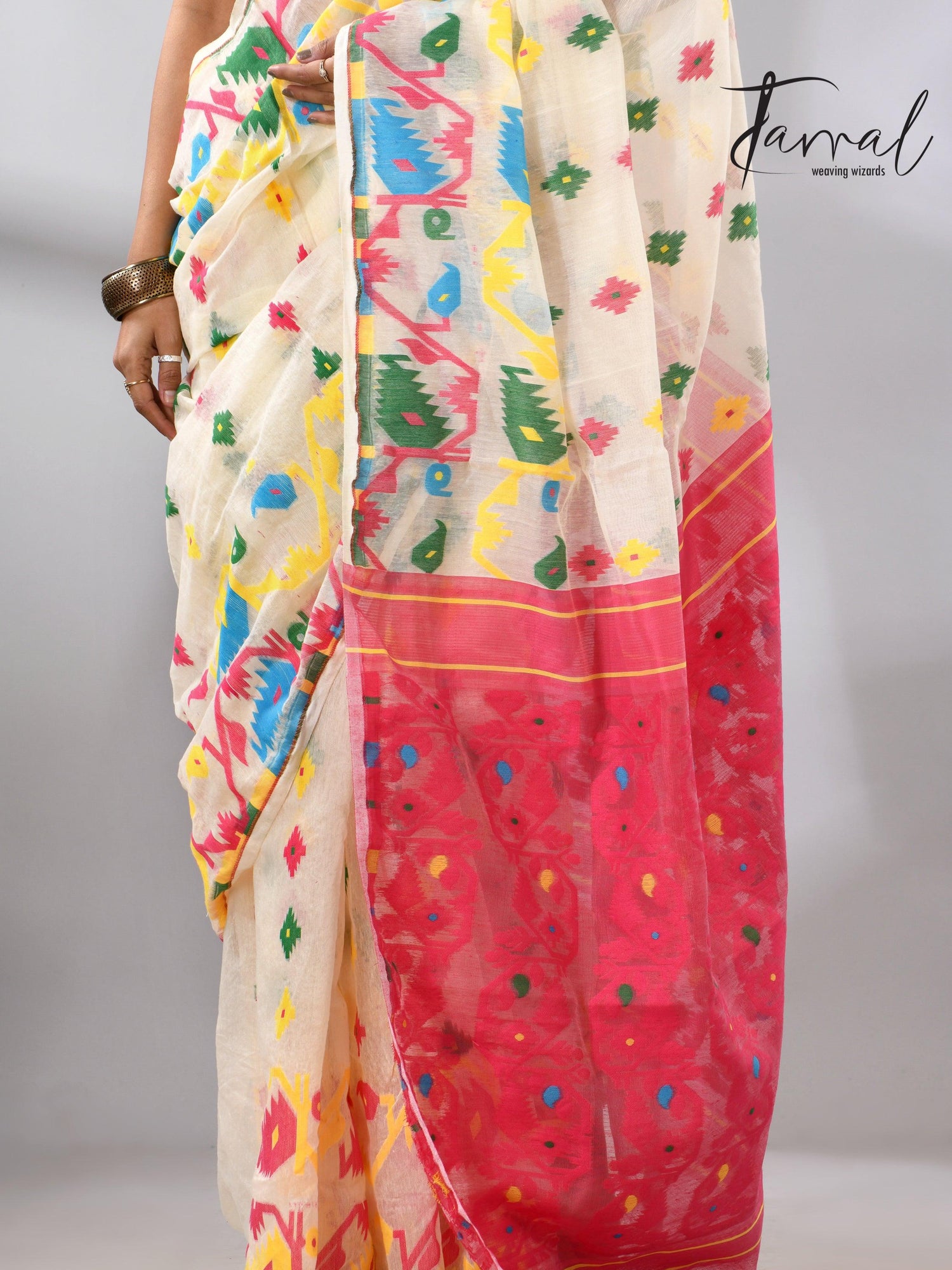 Offwhite with multi colour soft handloom dhakai jamdani saree - Tamal Boutique