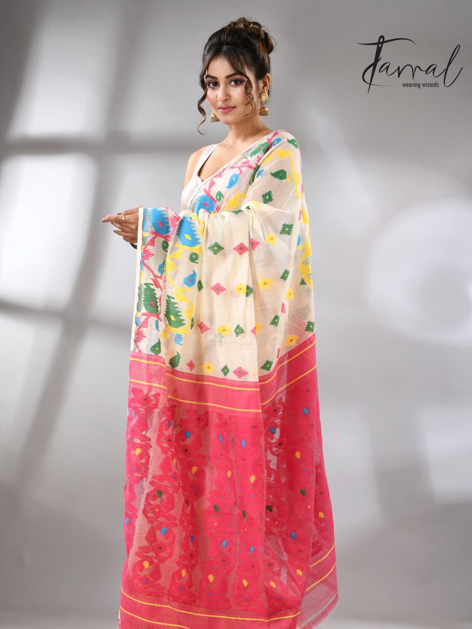 Offwhite with multi colour soft handloom dhakai jamdani saree - Tamal Boutique