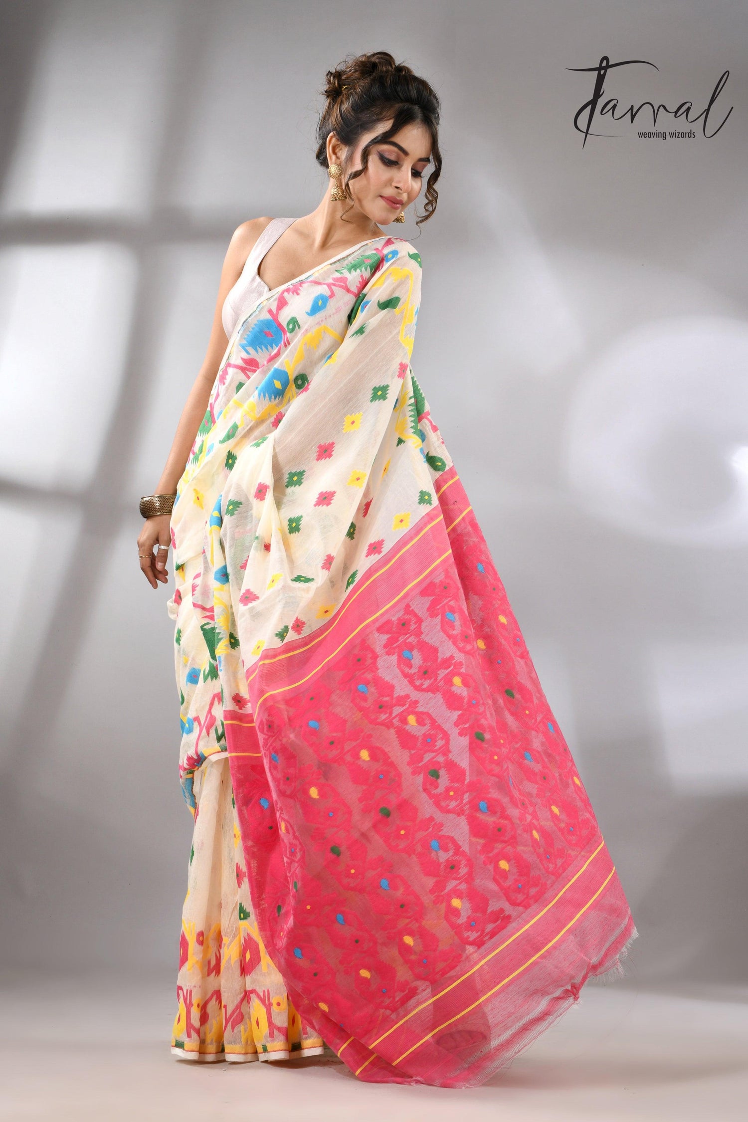 Offwhite with multi colour soft handloom dhakai jamdani saree - Tamal Boutique