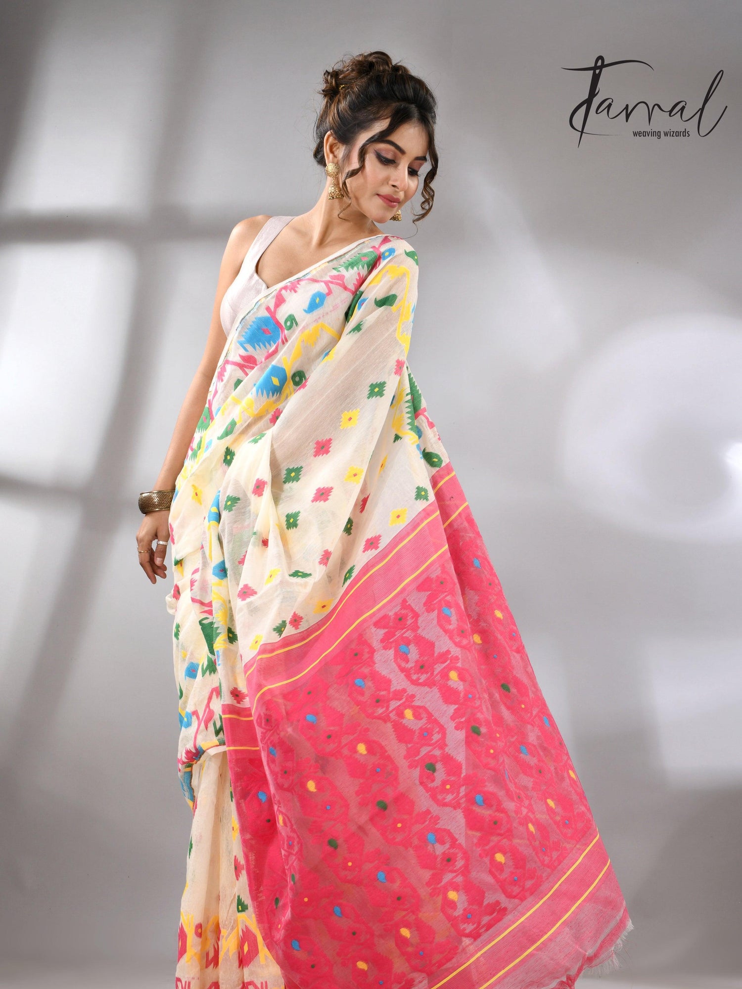 Offwhite with multi colour soft handloom dhakai jamdani saree - Tamal Boutique