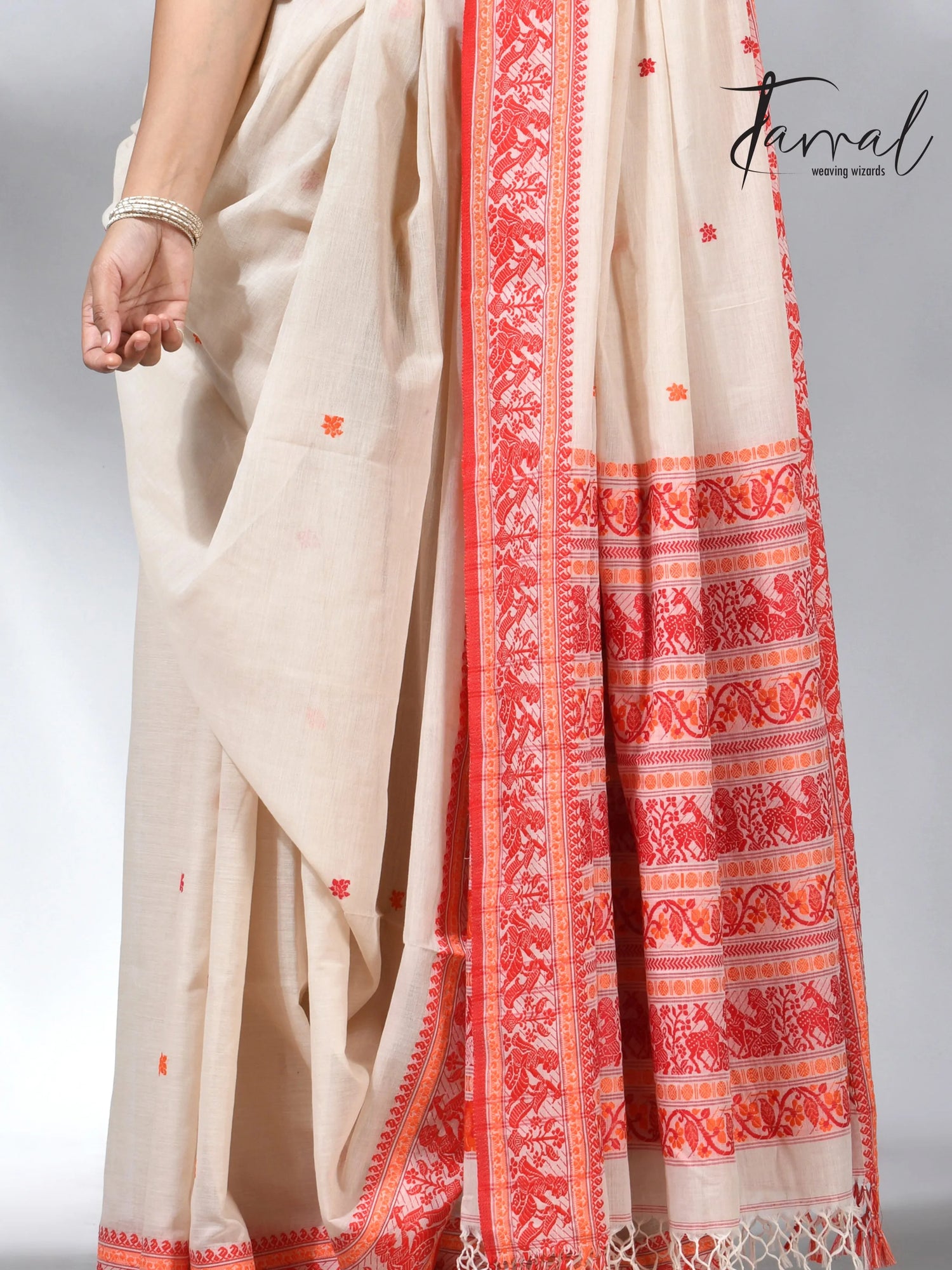 Offwhite with orange pure cotton baluchuri handloom saree