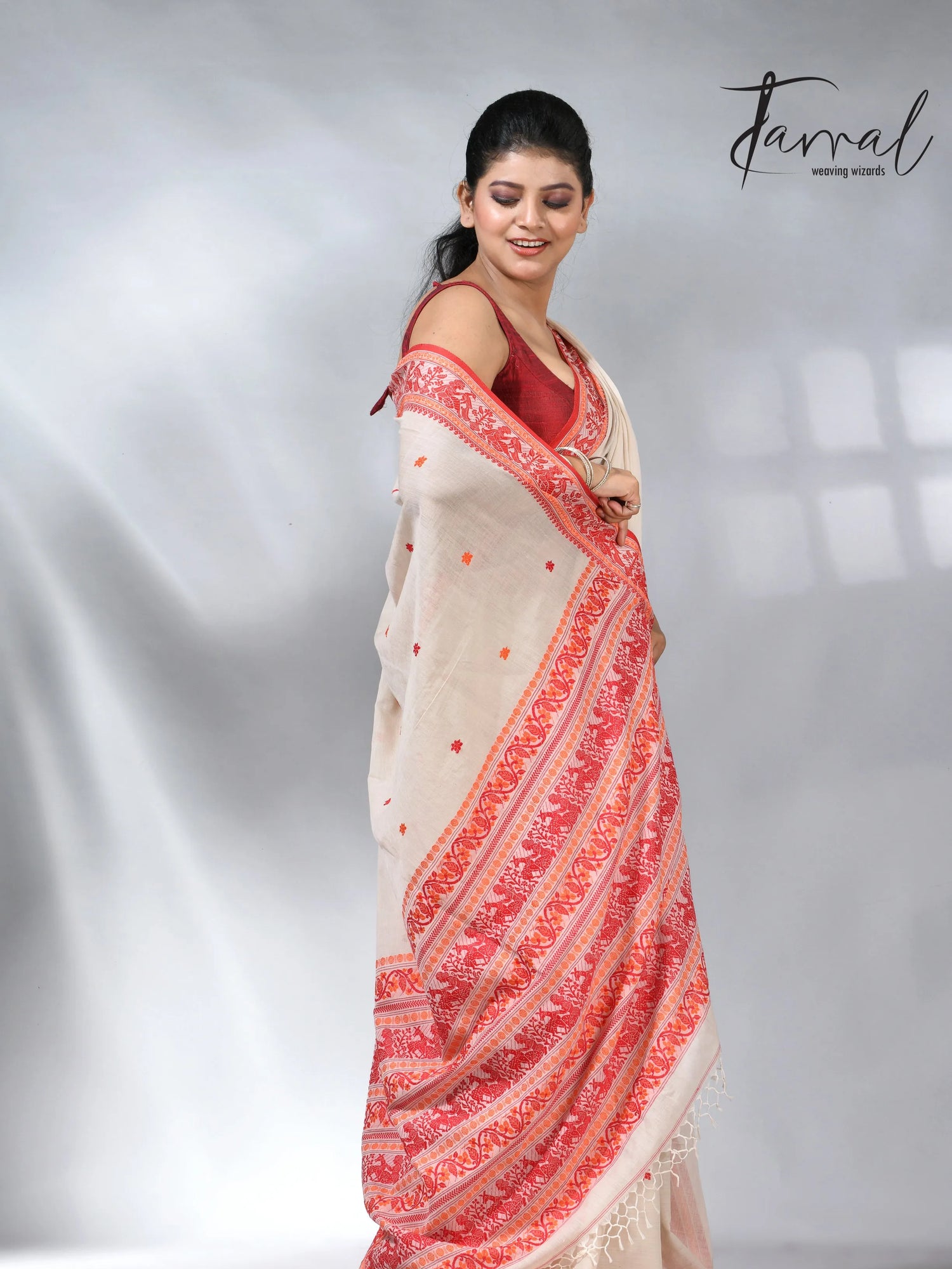 Offwhite with orange pure cotton baluchuri handloom saree 