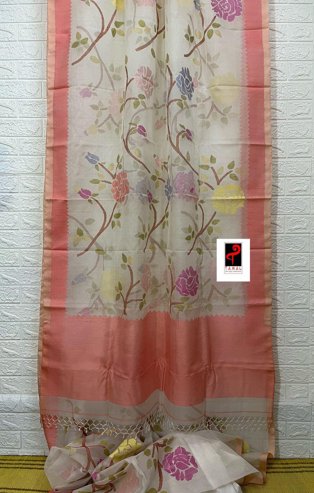Offwhite with peach temple border allover rose motifs handwoven jamdani saree - Tamal Boutique