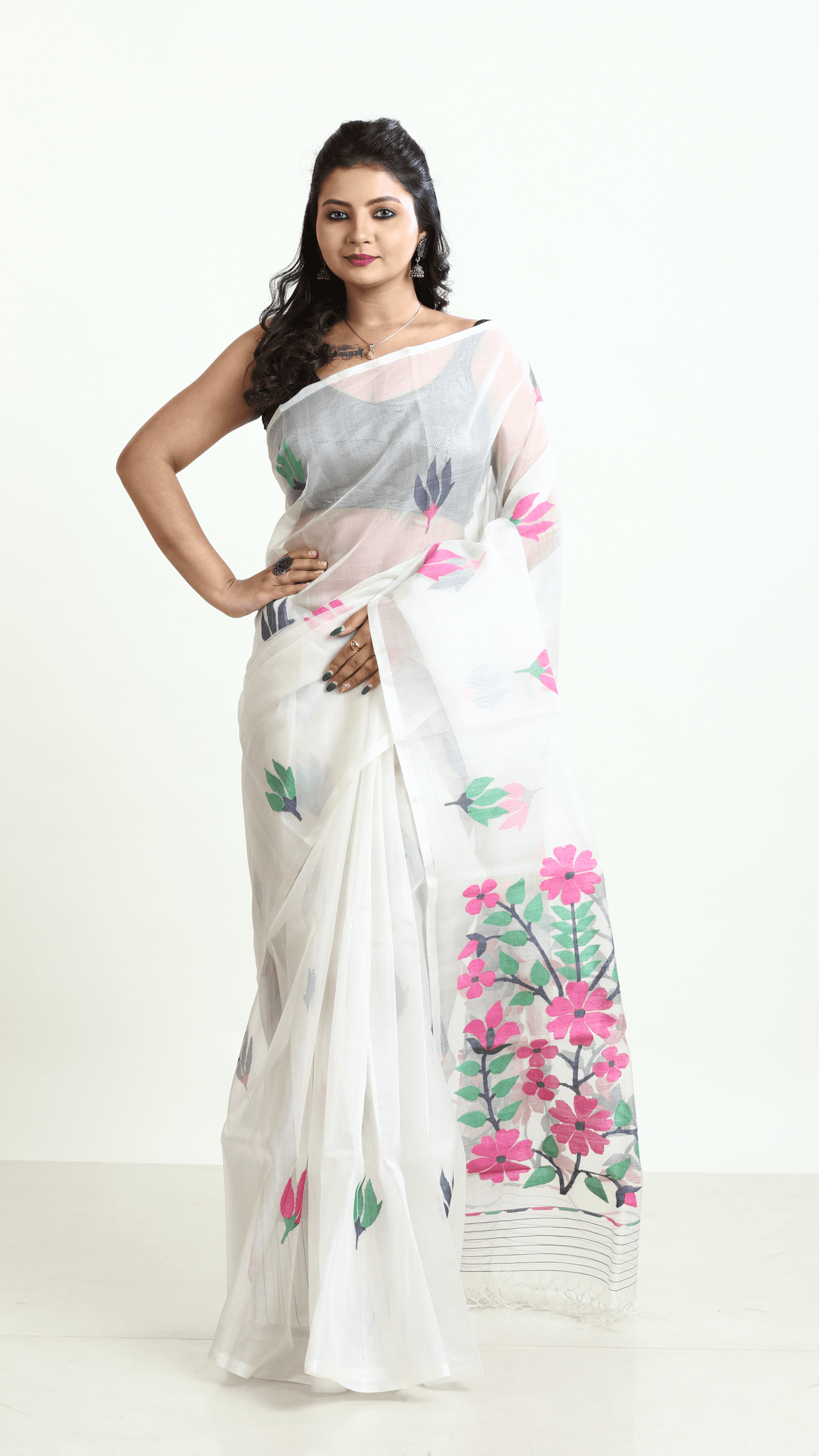 Offwhite with multicolour periwinkle floral handwoven muslin silk jamdani saree - Tamal Boutique