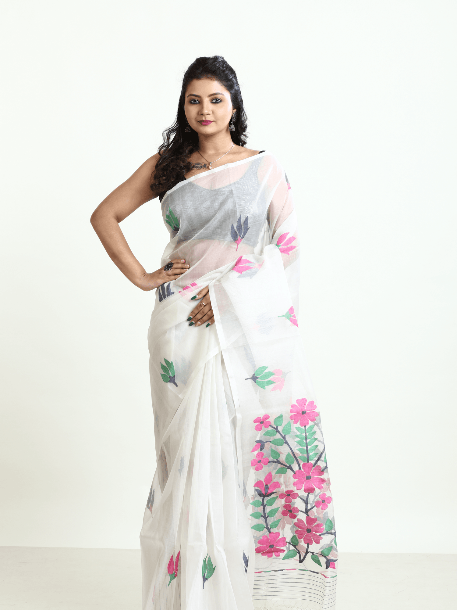 Offwhite with multicolour periwinkle floral handwoven muslin silk jamdani saree - Tamal Boutique