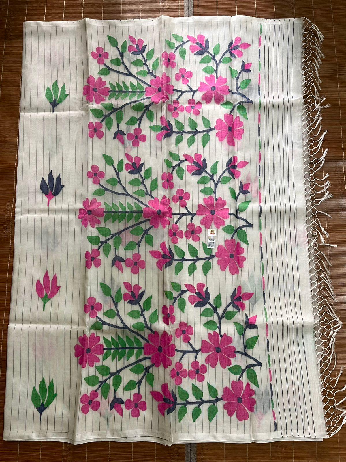 Offwhite with multicolour periwinkle floral handwoven muslin silk jamdani saree - Tamal Boutique