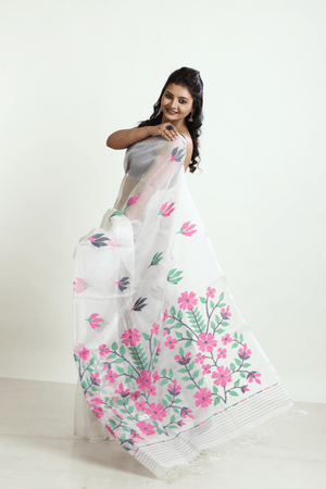 Offwhite with multicolour periwinkle floral handwoven muslin silk jamdani saree - Tamal Boutique