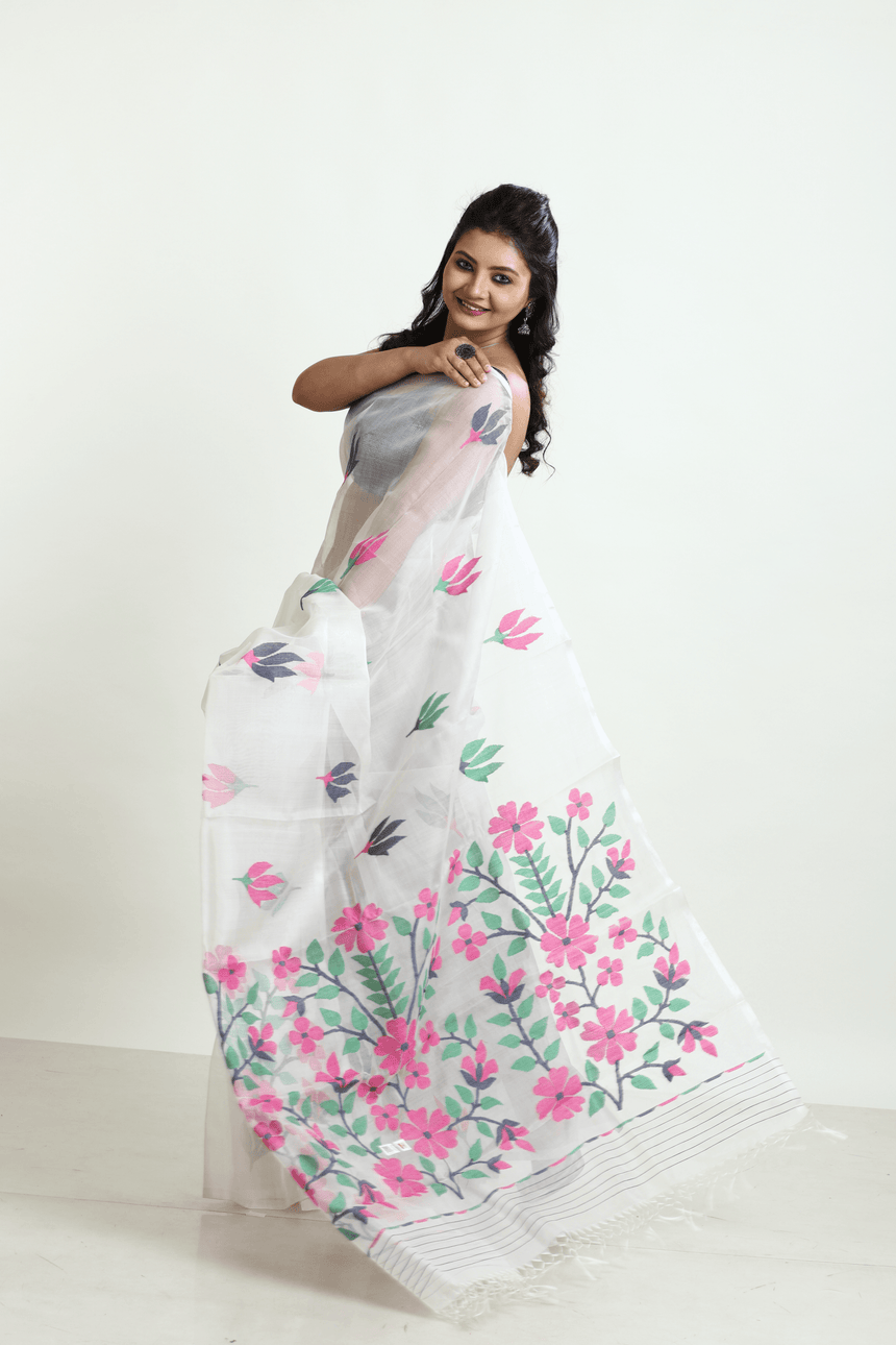 Offwhite with multicolour periwinkle floral handwoven muslin silk jamdani saree - Tamal Boutique