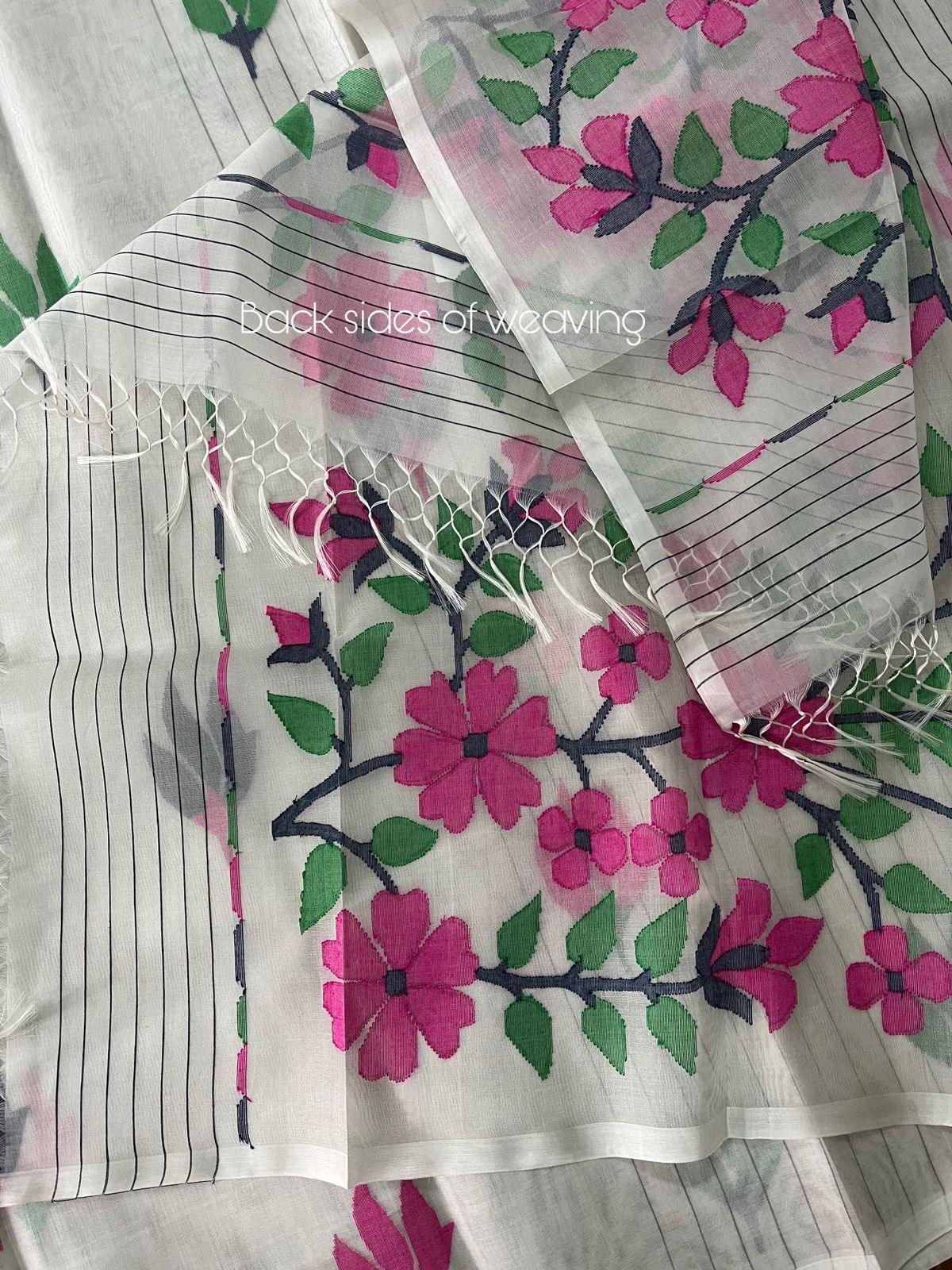 Offwhite with multicolour periwinkle floral handwoven muslin silk jamdani saree - Tamal Boutique