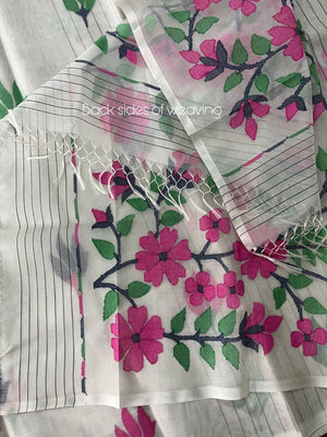Offwhite with multicolour periwinkle floral handwoven muslin silk jamdani saree - Tamal Boutique