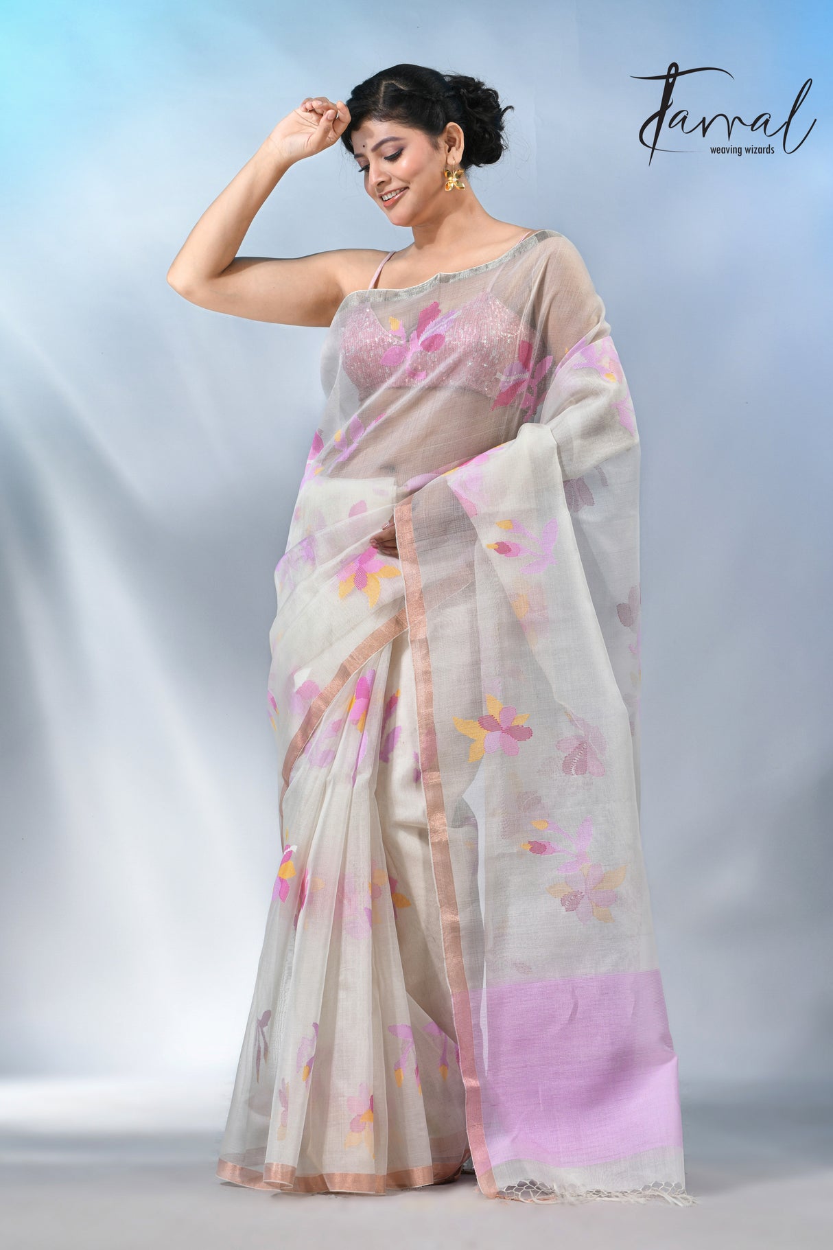 Offwhite with pink floral muslin silk handwoven jamdani saree