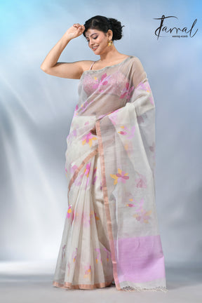 Offwhite with pink floral muslin silk handwoven jamdani saree