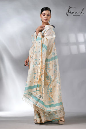 Offwhite with pink floral muslin silk handwoven jamdani saree