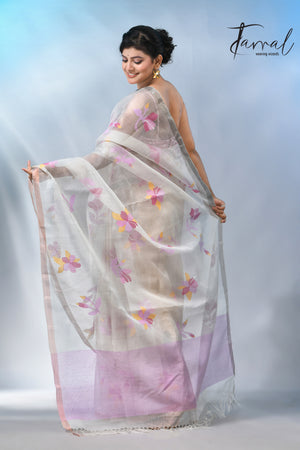 Offwhite with pink floral muslin silk handwoven jamdani saree