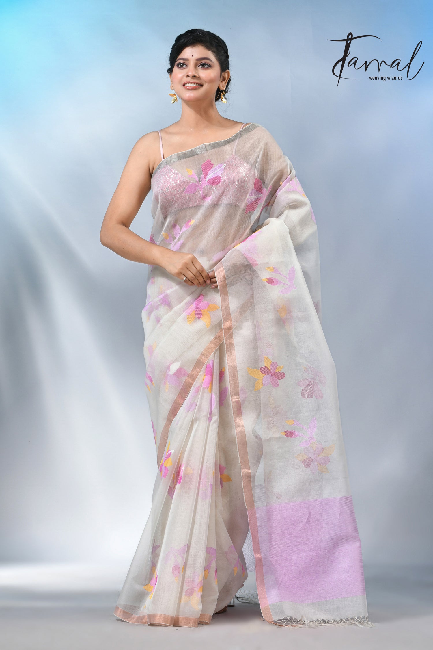 Offwhite with pink floral muslin silk handwoven jamdani saree