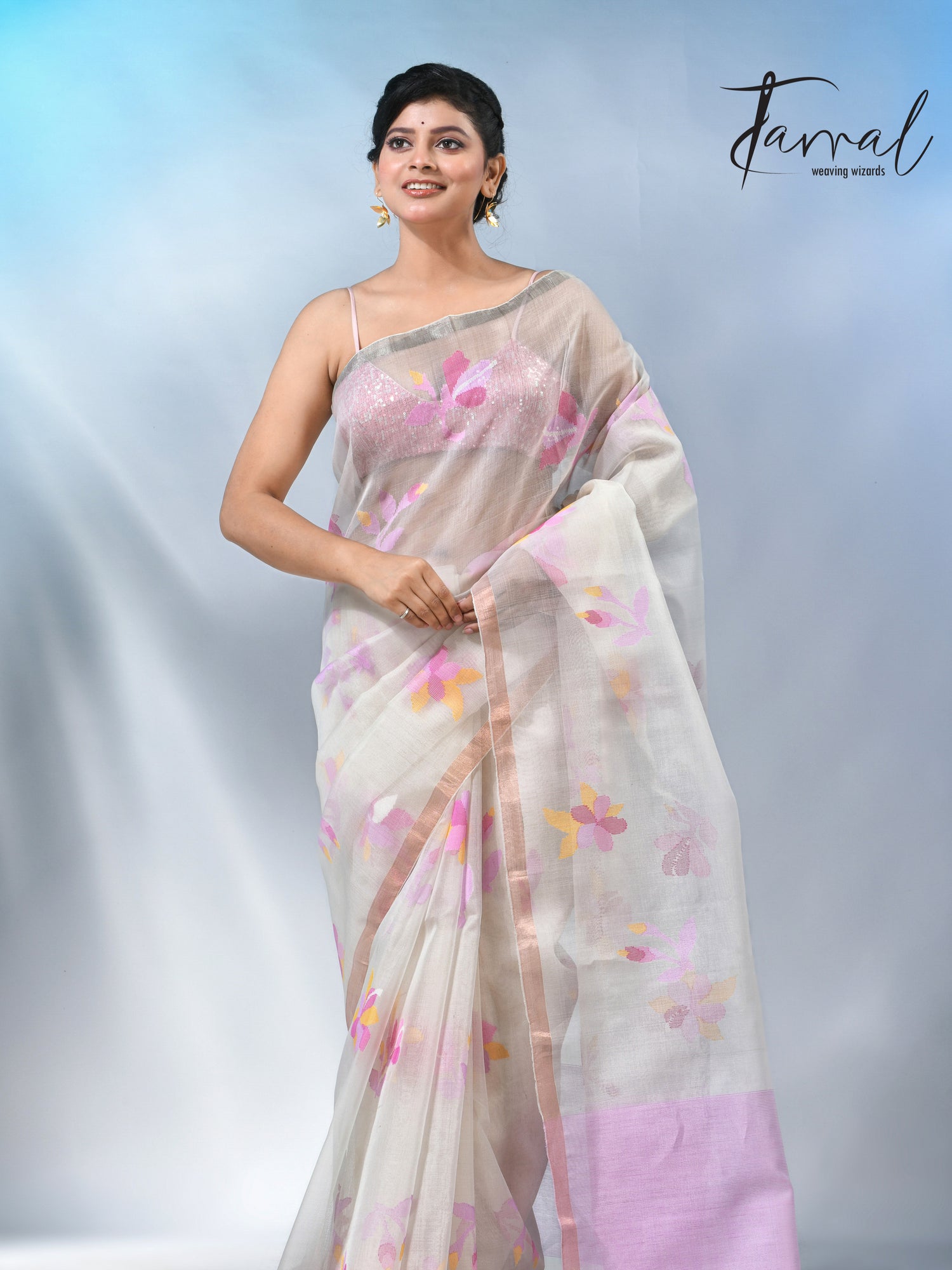 Offwhite with pink floral muslin silk handwoven jamdani saree