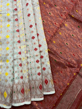 Offwhite with red & other colour soft dhakai jamdani saree - Tamal Boutique