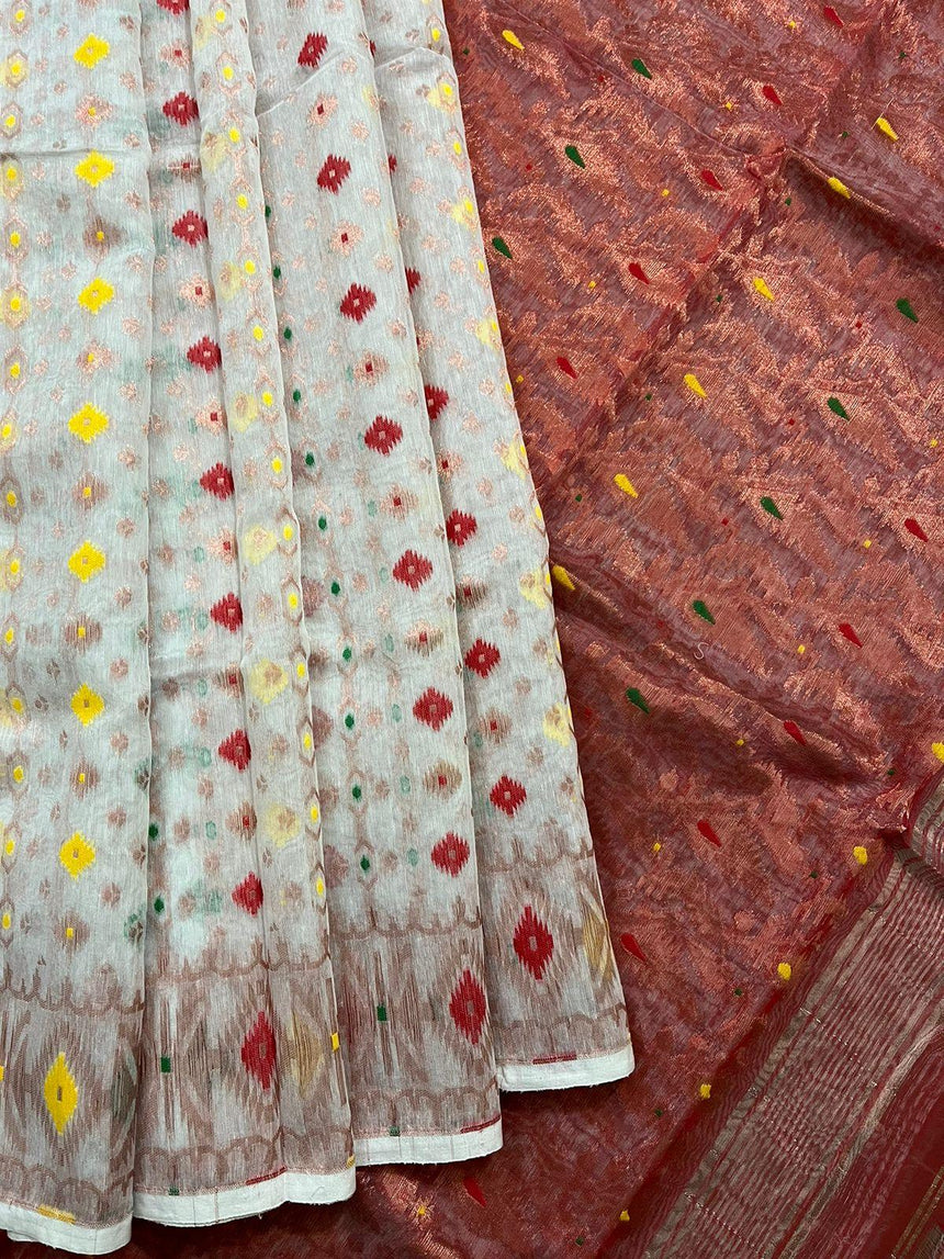 Offwhite with red & other colour soft dhakai jamdani saree - Tamal Boutique