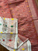 Offwhite with red & other colour soft dhakai jamdani saree - Tamal Boutique
