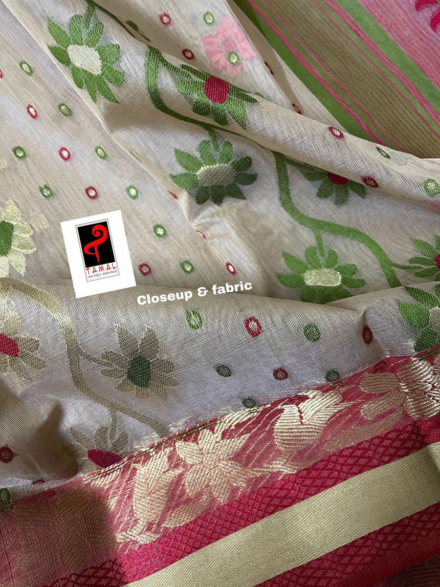 Offwhite with red & zari border cotton tusser tangail saree - Tamal Boutique