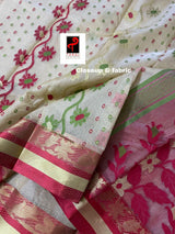 Offwhite with red & zari border cotton tusser tangail saree - Tamal Boutique