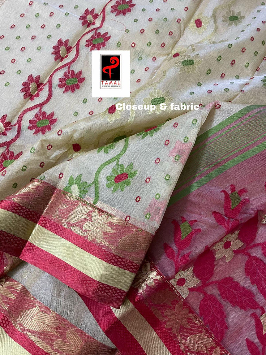 Offwhite with red & zari border cotton tusser tangail saree - Tamal Boutique