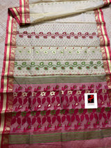 Offwhite with red & zari border cotton tusser tangail saree - Tamal Boutique
