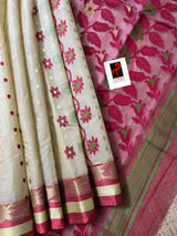 Offwhite with red & zari border cotton tusser tangail saree - Tamal Boutique