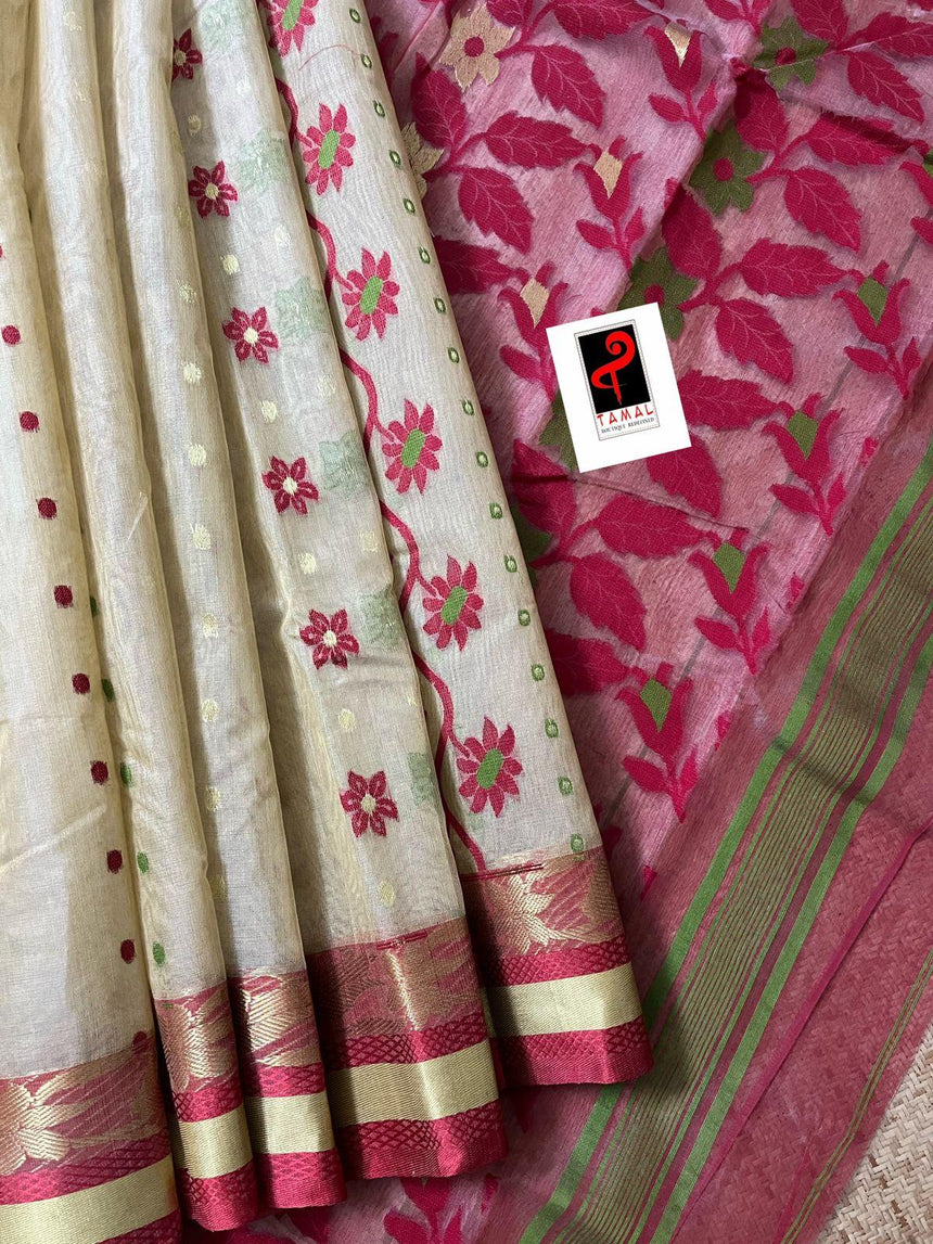 Offwhite with red & zari border cotton tusser tangail saree - Tamal Boutique
