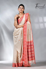 Offwhite with red baluchuri in cotton handwoven jamdani saree