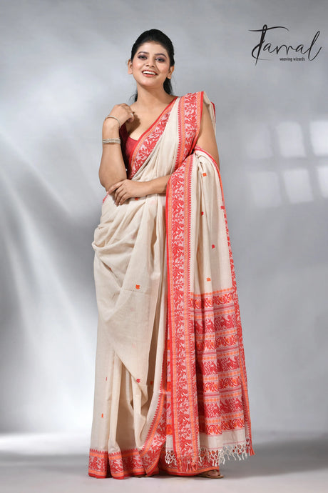 Offwhite with red baluchuri in cotton handwoven jamdani saree