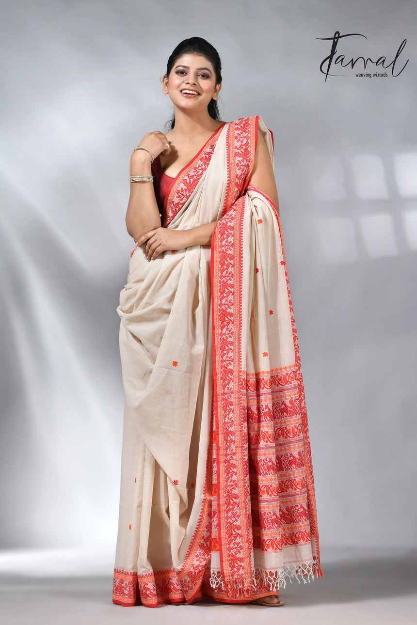 Offwhite with red baluchuri in cotton handwoven jamdani saree