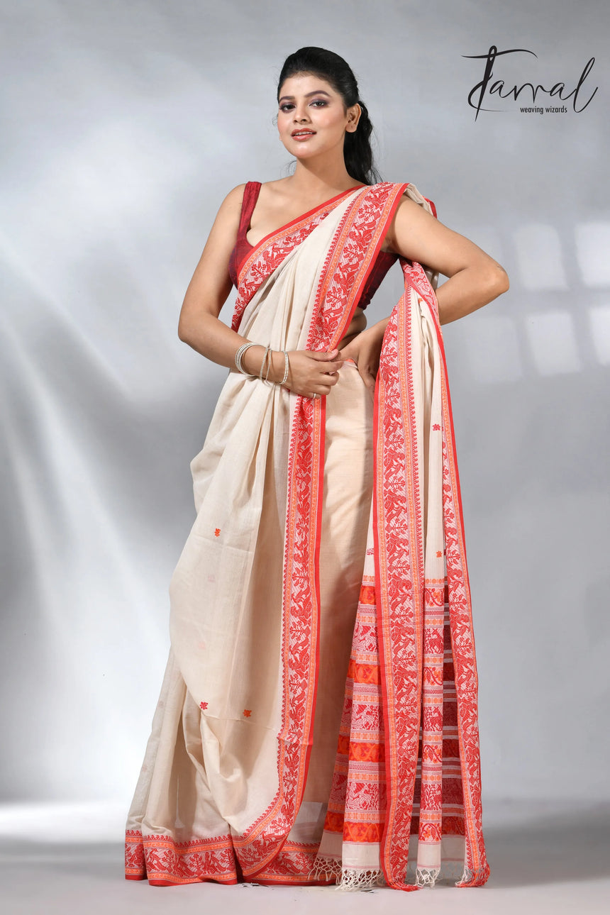 Offwhite with red baluchuri in cotton handwoven jamdani saree