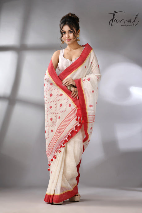 Offwhite with red border traditional handwoven pure linen jamdani saree - Tamal Boutique