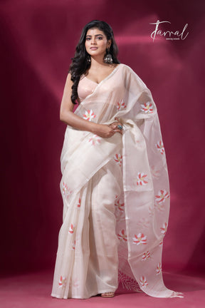 Offwhite with red & golden lotus motifs muslin silk handwoven jamdani saree - Tamal Boutique
