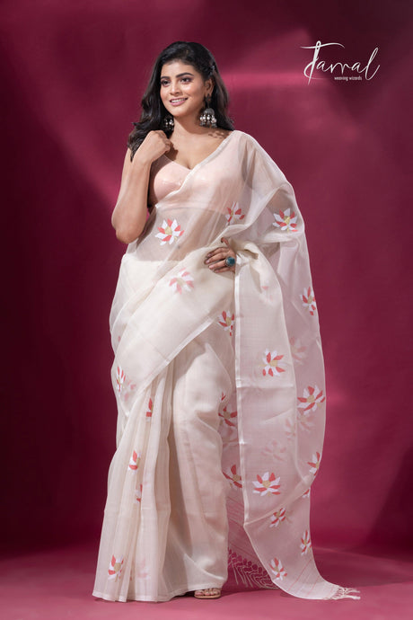 Offwhite with red & golden lotus motifs muslin silk handwoven jamdani saree - Tamal Boutique