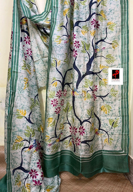 Offwhite with sea green border nature design in katan batik silk saree - Tamal Boutique