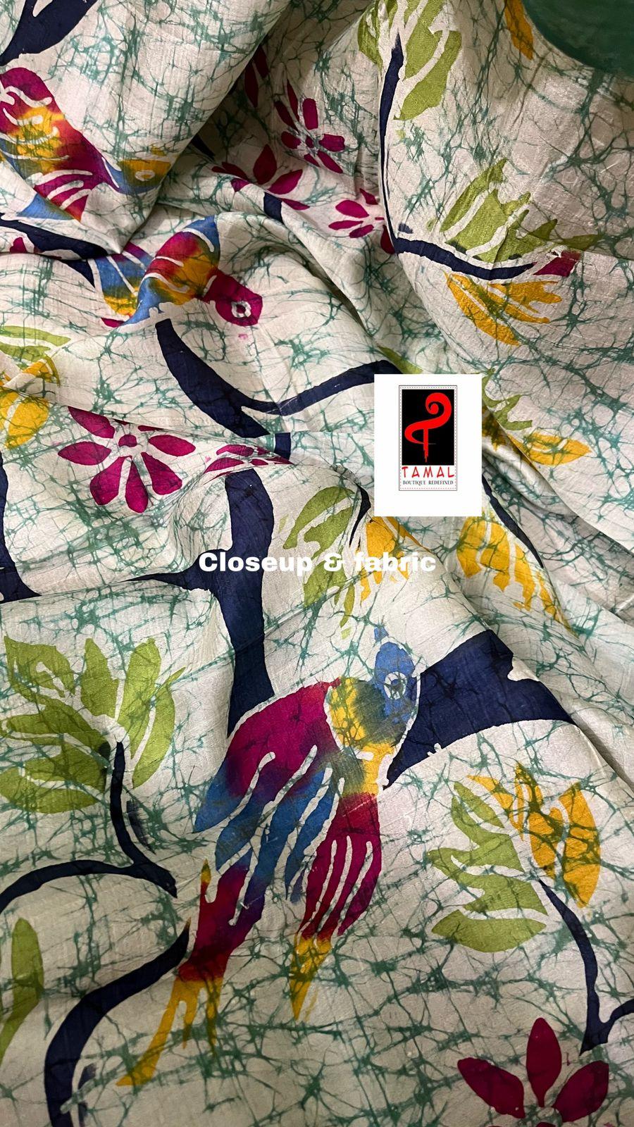 Offwhite with sea green border nature design in katan batik silk saree - Tamal Boutique