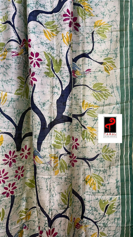 Offwhite with sea green border nature design in katan batik silk saree - Tamal Boutique